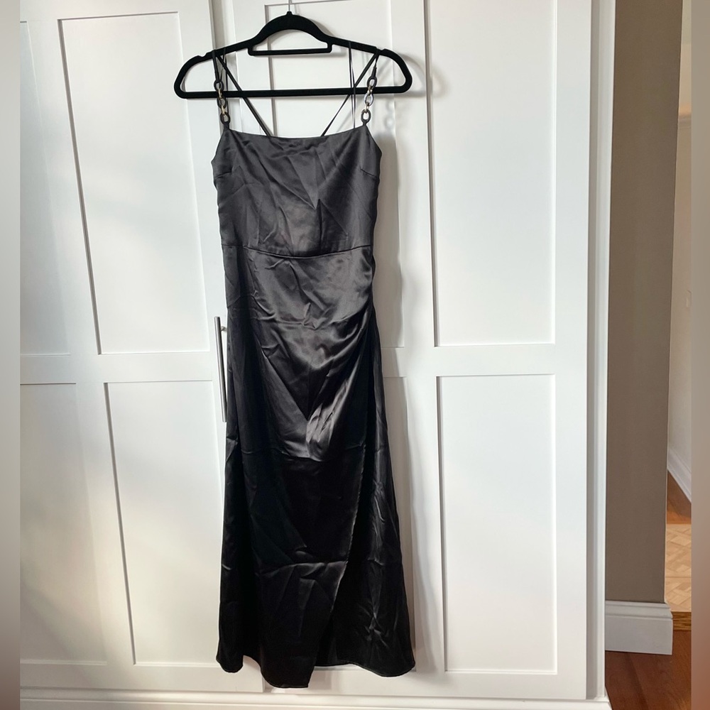 ZARA Satin Chain Strap Midi Slip Dress Ruche Medium Black NWT